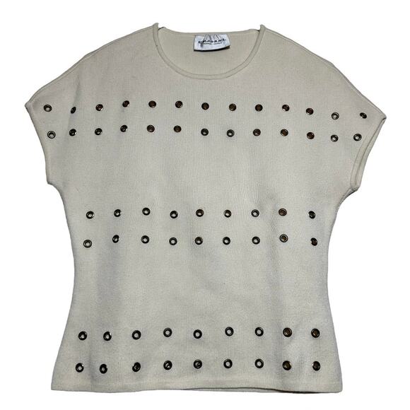 Vintage Emanuel Ungaro Grommet Top 100% Cotton 90s Dolman Crewneck Knit Ivory S - Picture 2 of 5